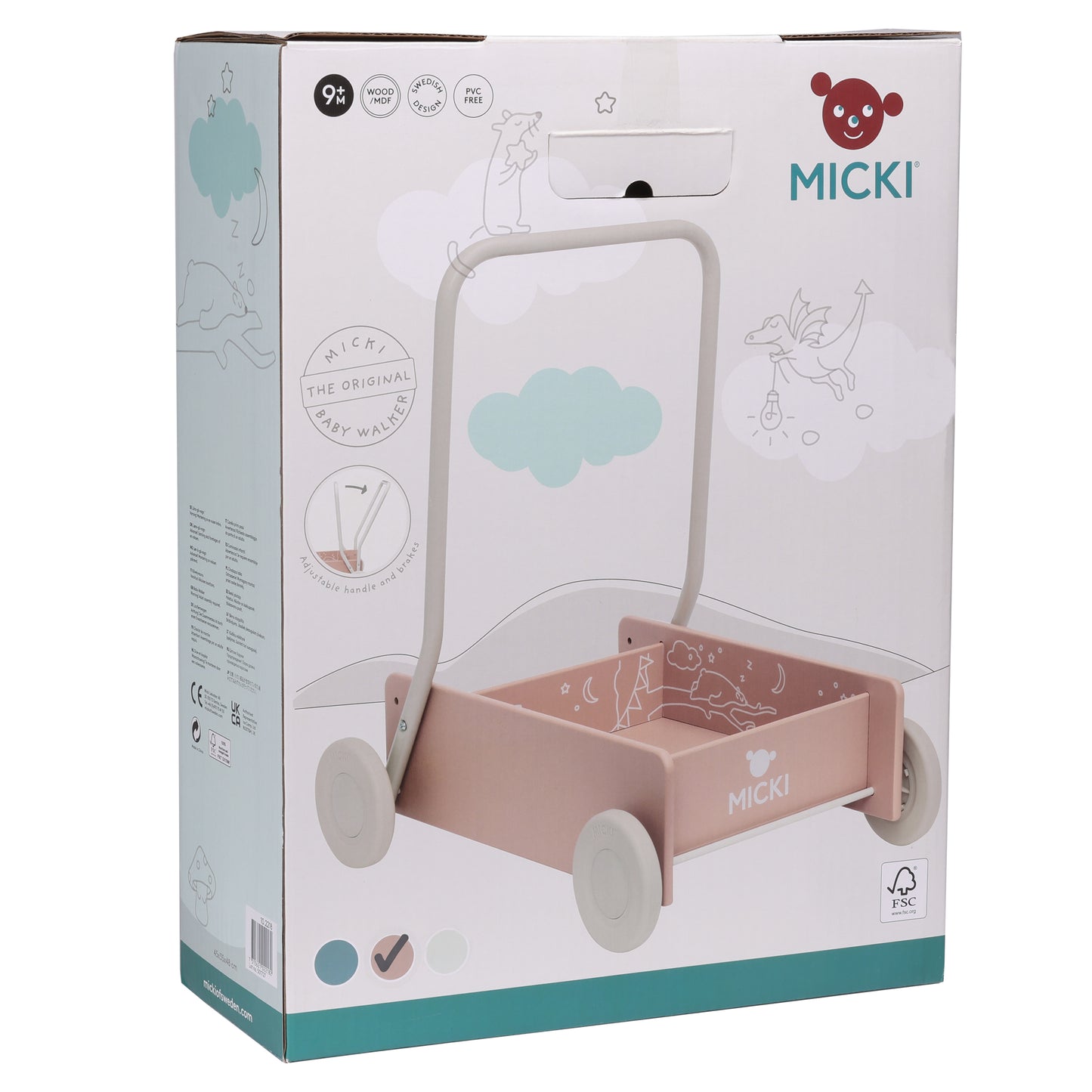 Różowy drewniany chodzik pchacz, do nauki chodzenia, dla dzieci, zabawka Micki
