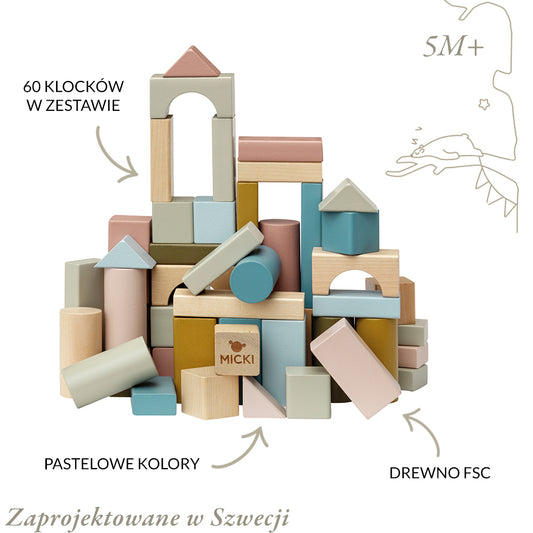 Klocki pastelowe drewniane dla dzieci 60 sztuk zestaw klocków, Micki