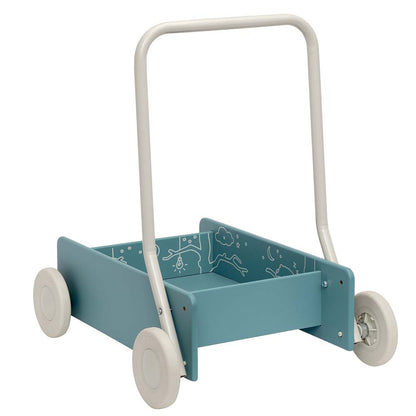 Niebieski drewniany chodzik pchacz, do nauki chodzenia, dla dzieci, Micki