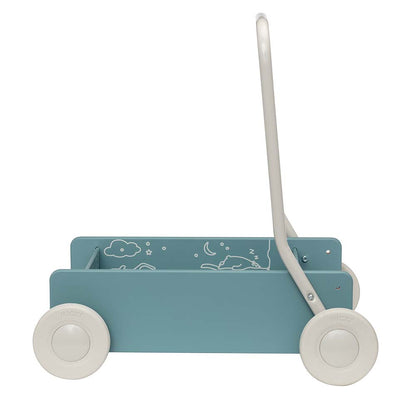 Niebieski drewniany chodzik pchacz, do nauki chodzenia, dla dzieci, Micki