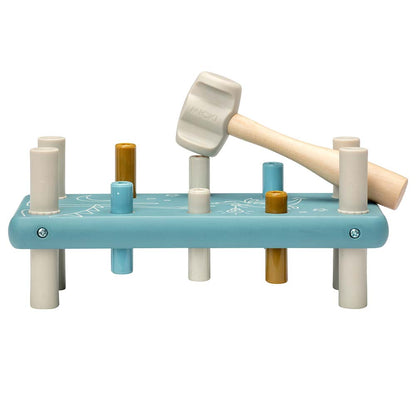 Drewniana przebijanka z gumowym młotkiem niebieska, wbijanka, zabawka Micki