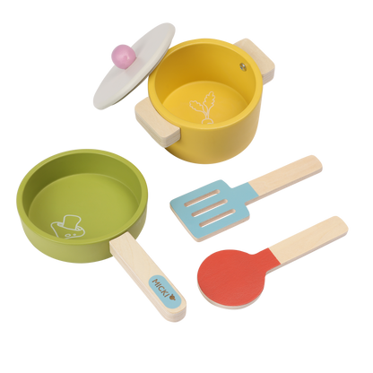 Drewniane akcesoria kuchenne dla dzieci, zestaw garnki, gotowanie, Micki