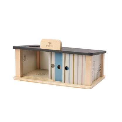 Drewniany garaż zabawka dla dzieci, zabawa samochodami, warsztat auta Micki