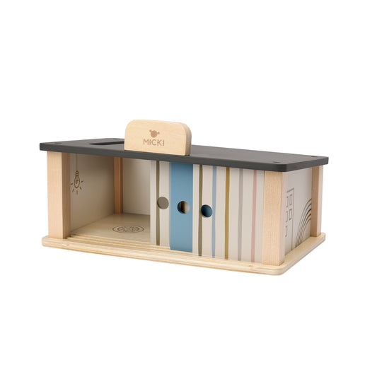 Drewniany garaż zabawka dla dzieci, zabawa samochodami, warsztat auta Micki