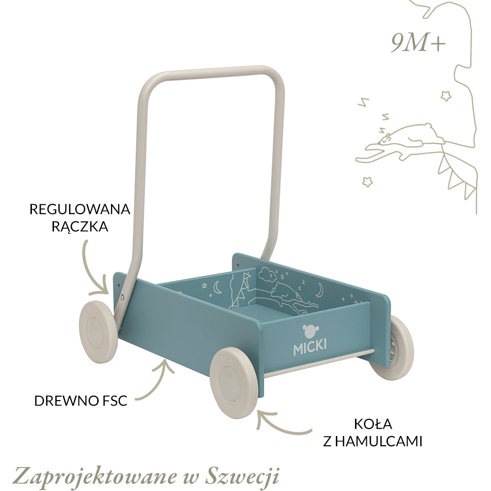Niebieski drewniany chodzik pchacz, do nauki chodzenia, dla dzieci, Micki