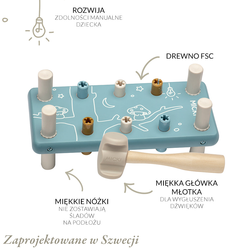 Drewniana przebijanka z gumowym młotkiem niebieska, wbijanka, zabawka Micki