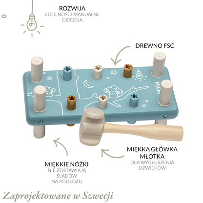 Drewniana przebijanka z gumowym młotkiem niebieska, wbijanka, zabawka Micki