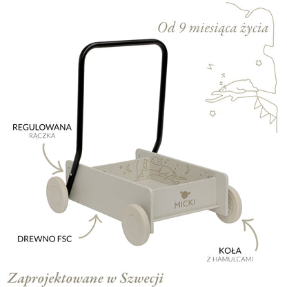 Beżowy drewniany chodzik pchacz, do nauki chodzenia, dla dzieci, zabawka Micki
