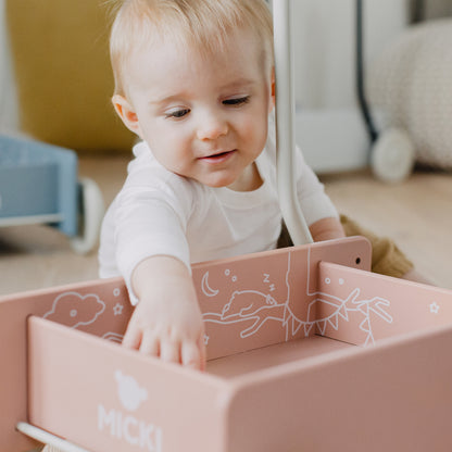 Różowy drewniany chodzik pchacz, do nauki chodzenia, dla dzieci, zabawka Micki