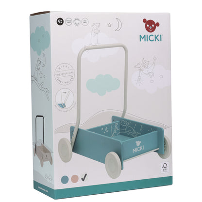 Niebieski drewniany chodzik pchacz, do nauki chodzenia, dla dzieci, Micki