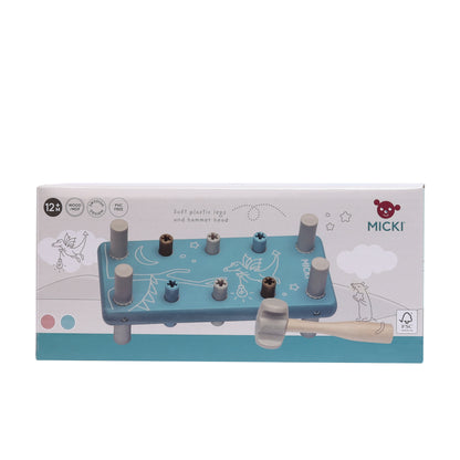 Drewniana przebijanka z gumowym młotkiem niebieska, wbijanka, zabawka Micki