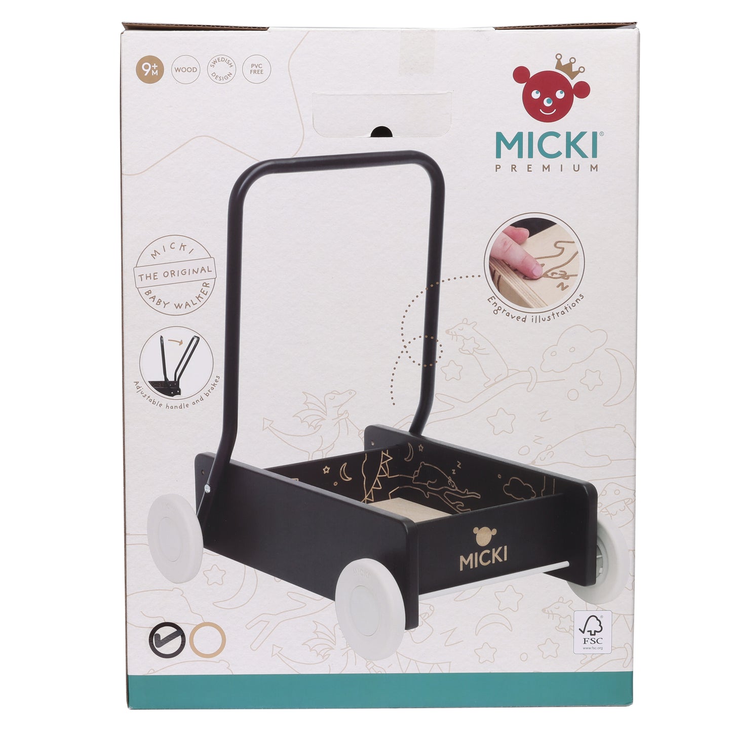 Czarny drewniany chodzik pchacz Premium, nauka chodzenia, dla dzieci, Micki