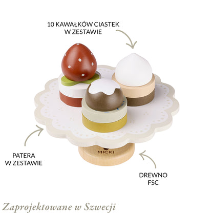 Drewniana patera z ciastkami, układanka, klocki dla dzieci, gotowanie Micki