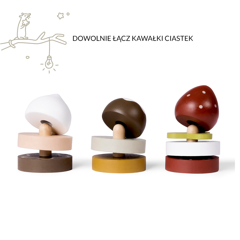 Drewniana patera z ciastkami, układanka, klocki dla dzieci, gotowanie Micki